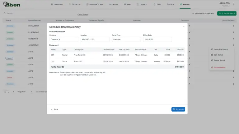 Bison Technologies Rental Management solution showing scheduled rentals for oilfield equipment