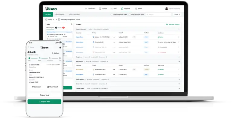 Bison Technologies digital dispatching interface for real-time work management and easy electronic tickets on mobile and desktop