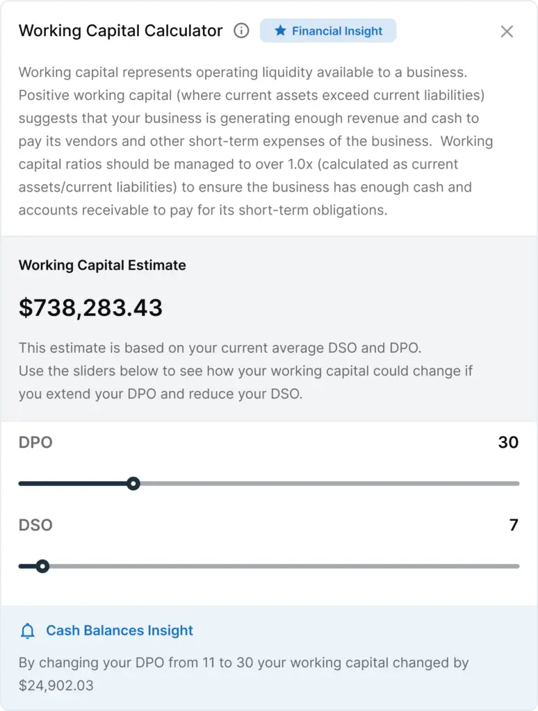 Bison Payments Working Capital Calculator with adjustable DPO and DSO settings for estimating operational funds
