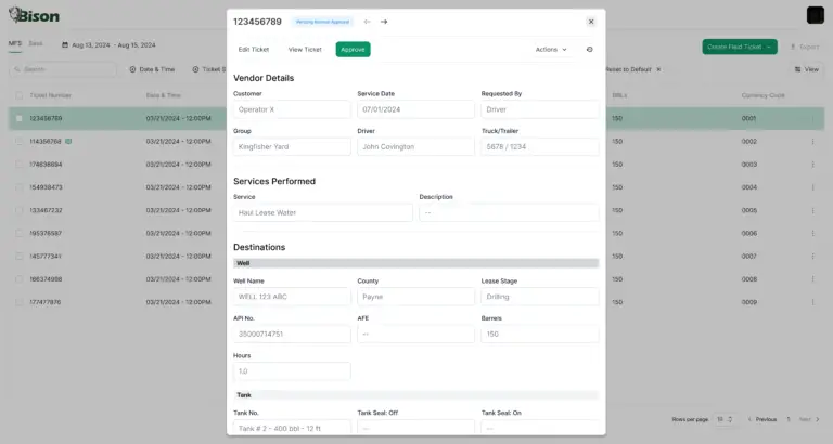 Bison Technologies digital ticketing system for managing field service work, showing ticket details and approval options